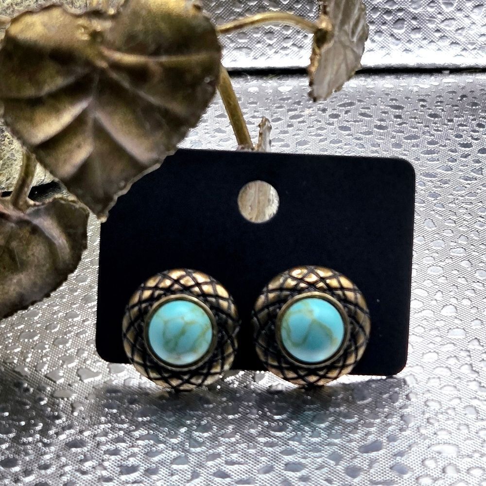 "5/$40" Brass Tone Gaux Turquoise Stud Post Round Southwestern Style Earrings